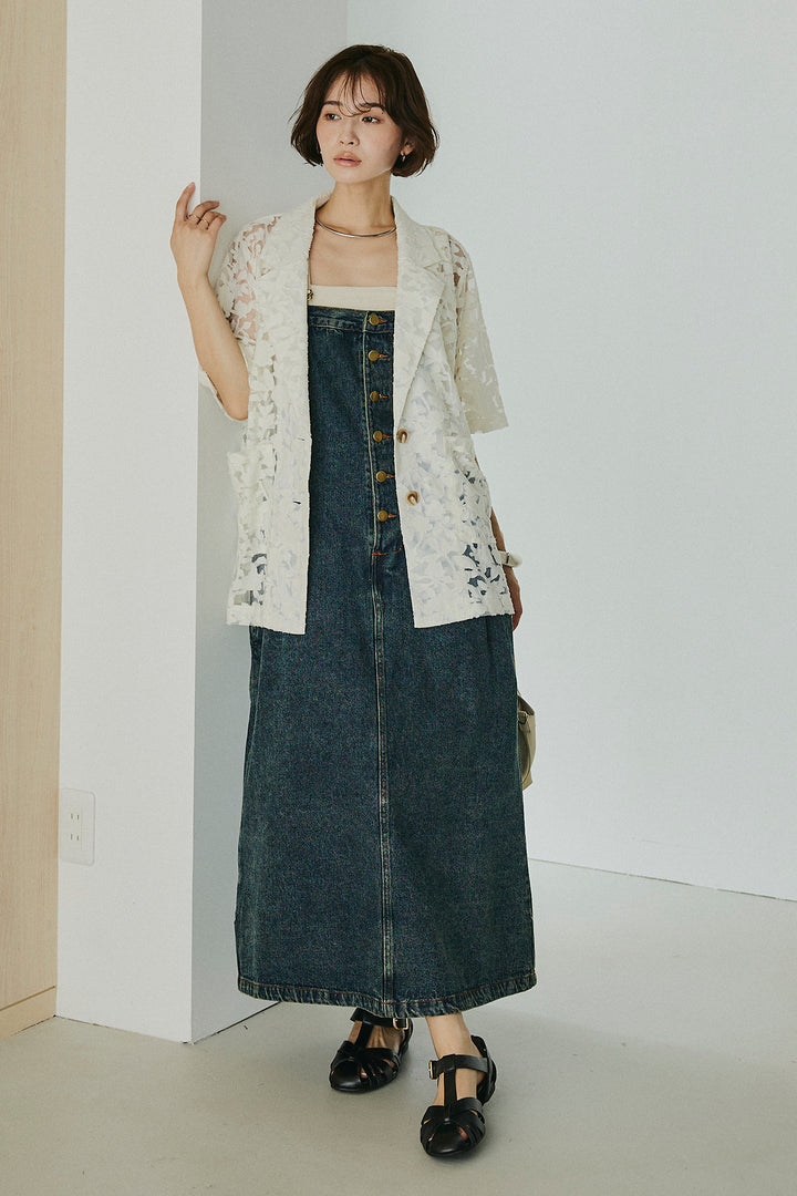 [SET]シアージャガードハーフスリーブテーラードジャケット+配色ショルダーデニムサロペットスカート(2set)