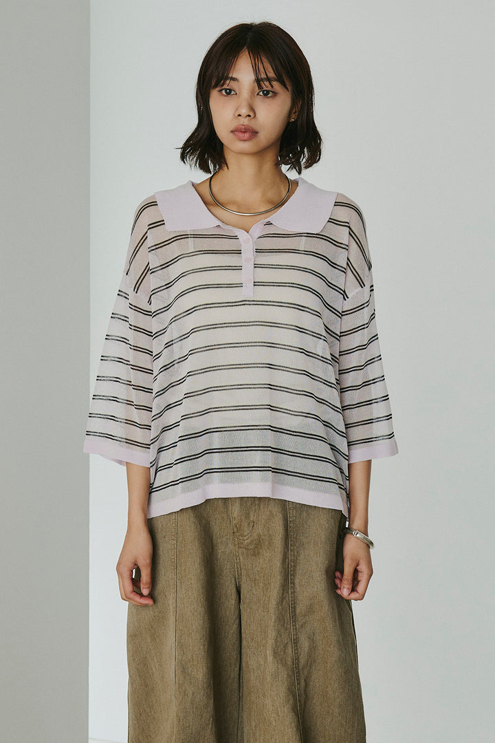 [SET]ボーダーニットポロシャツ+サイドベルトカーブワイドパンツ(2set)