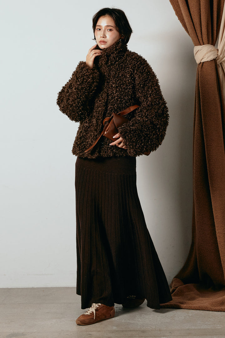 [SET]プードルファーミドルジャケット+編み地切り替えフレアニットスカート(2set)