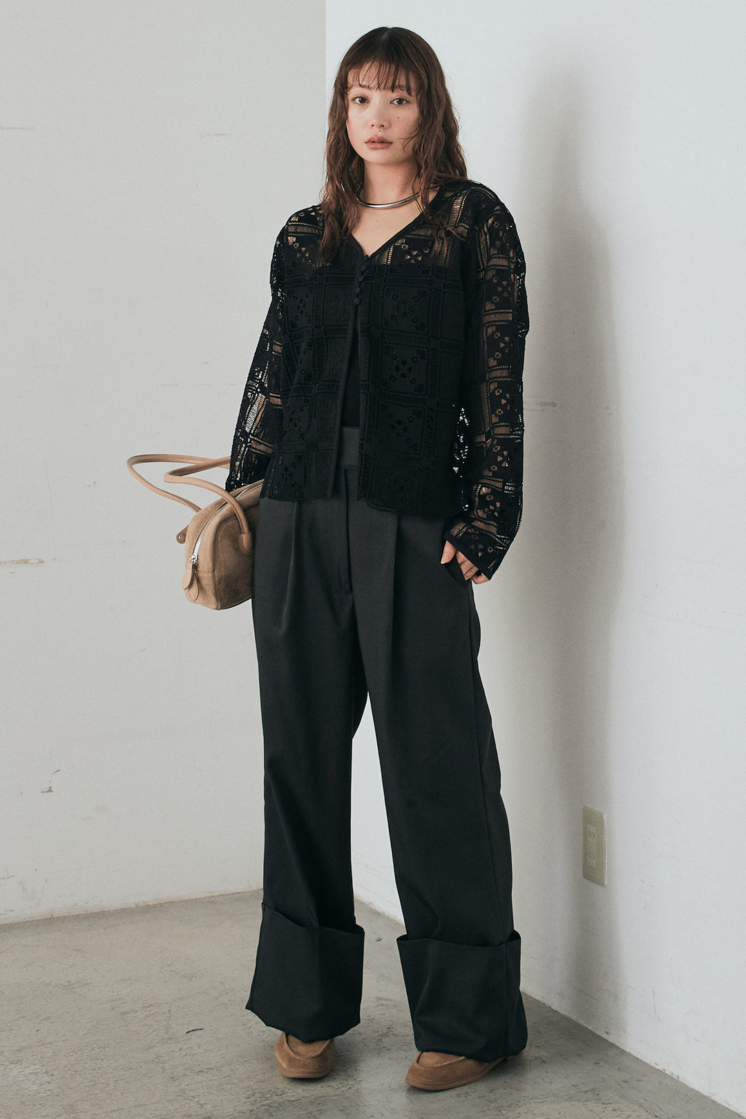 [SET]クロシェレースカーディガン+センタープレスセミワイドパンツ(2set)