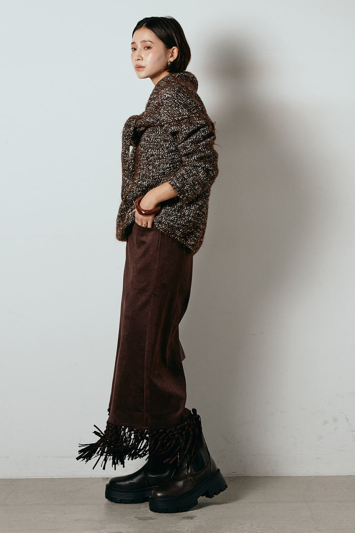 [SET]スカーフ付きミックスニットトップス+スウェードライク裾フリンジスカート(2set)