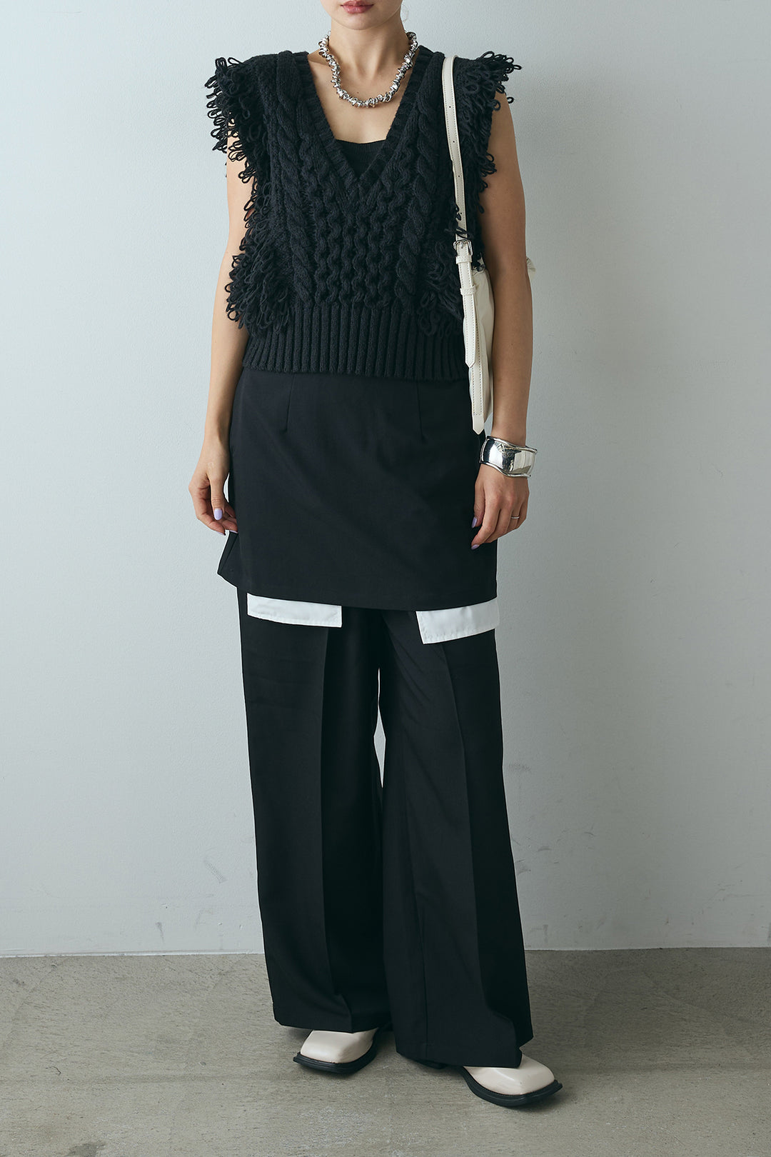 [SET]Vネックループフリンジニットベスト+ストレートパンツ＆ミニスカートセット(2set)