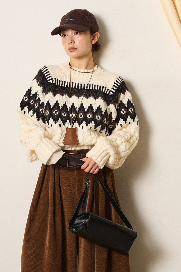 [SET]2WAY求心柄ジャガードショートカーディガン+2WAY袖コード刺繍クルーネックプルオーバー(2set)