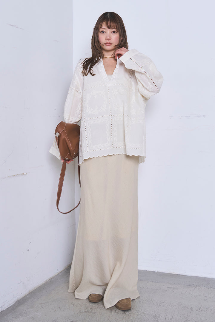 [SET]深V刺繍柄ブラウス+リネンブレンドロングナロースカート(2set)