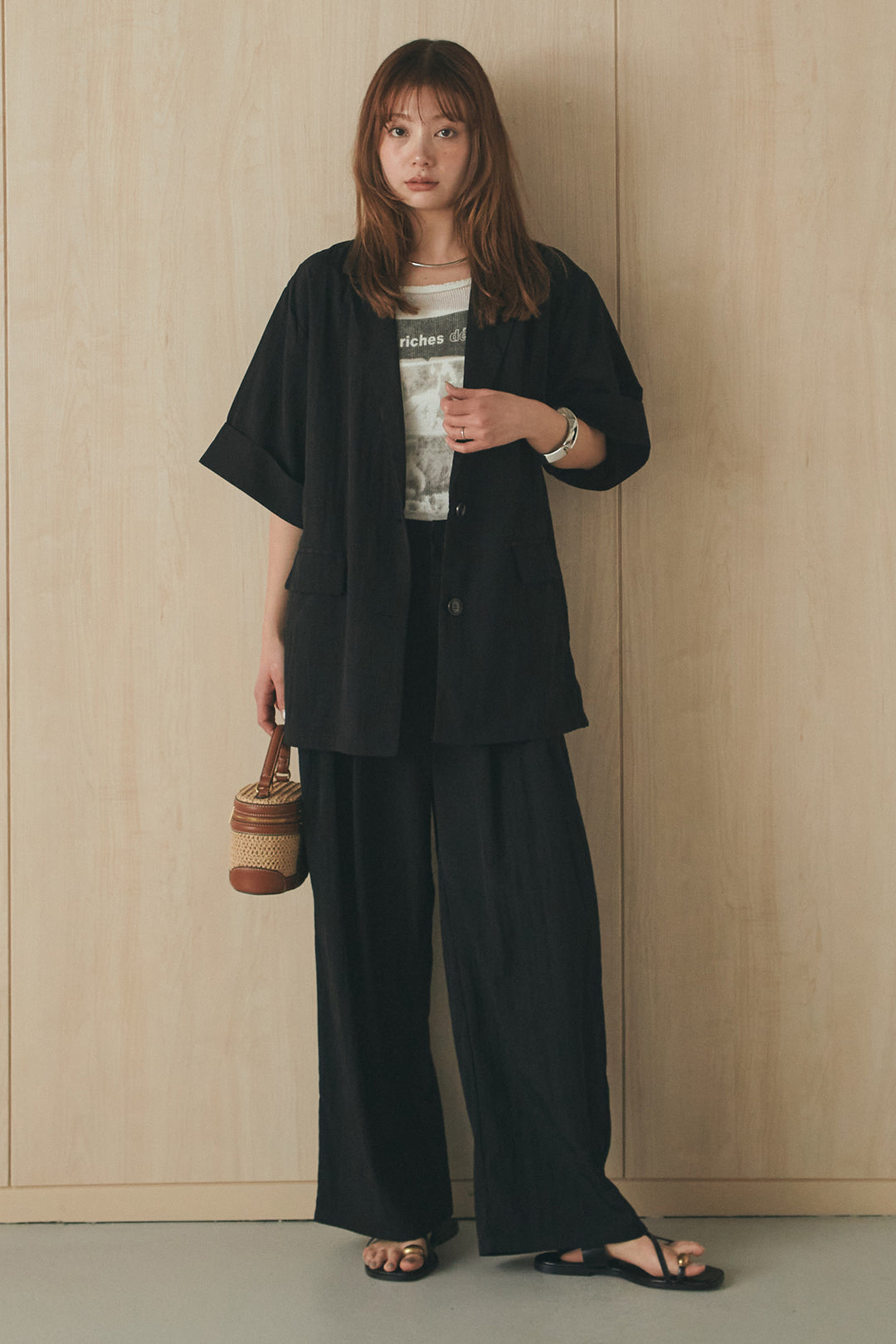 [SET]リネンライクテーラードハーフスリーブジャケット+リネンライク2タックワイドパンツ(2set)