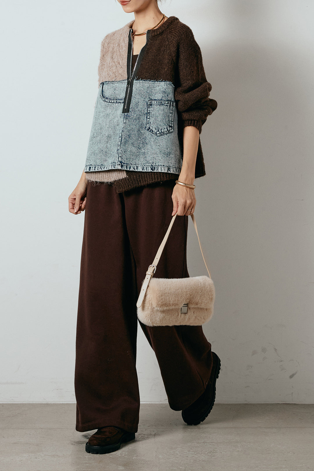 [SET]ハーフジップニットデニムドッキングトップス+裏起毛スウェットワイドパンツ(2set)