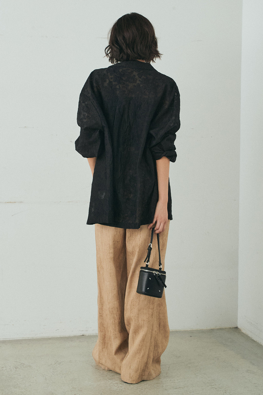 [SET]刺繍シアーオープンカラーシャツ+リネン混かすれ柄ワイドパンツ(2set)