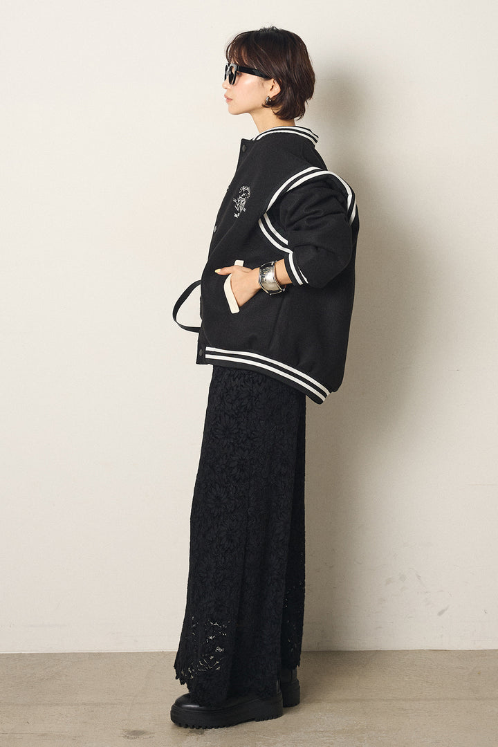 [SET]ワンポイントデザインブルゾン+花柄刺繍ベロアフレアスカート(2set)