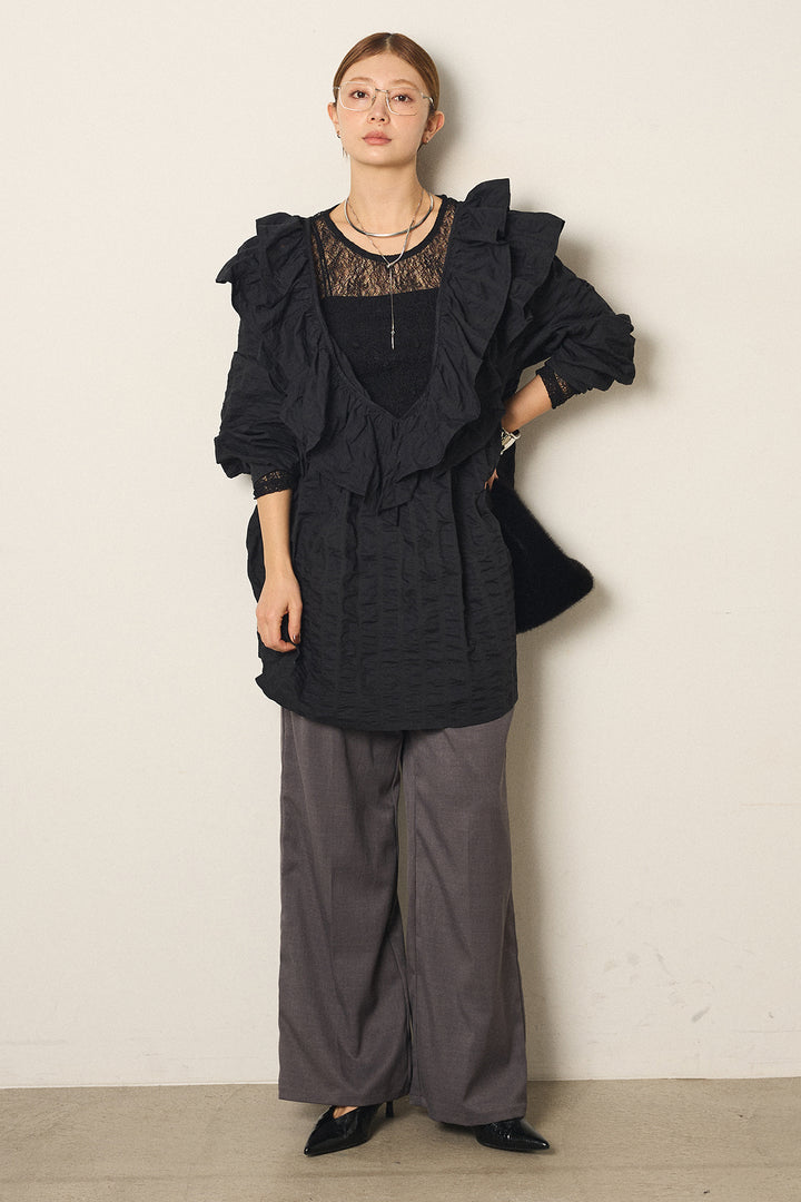 [SET]Vネックフリルカラーブラウス+ツイルスプリングカラータックパンツ+ストレッチレースクルーネックインナー(3set)