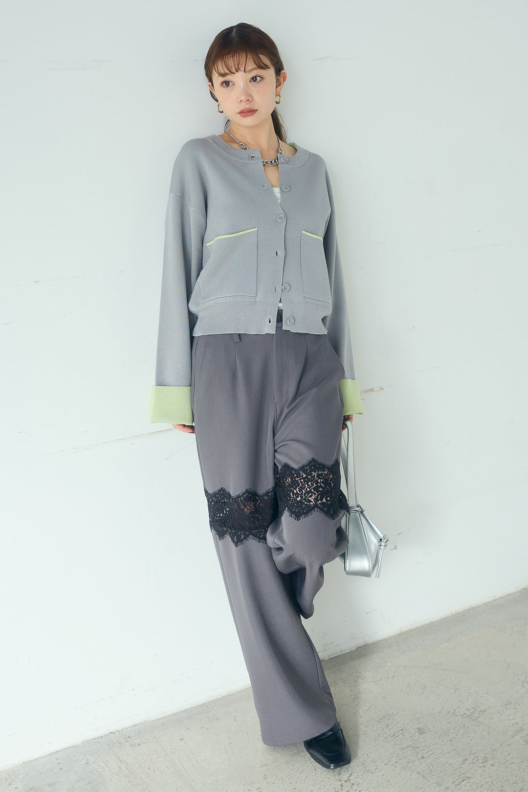 [SET]レーヨンポリダブルフェイスカーディガン+レース刺繍切替ワイドパンツ(2set)