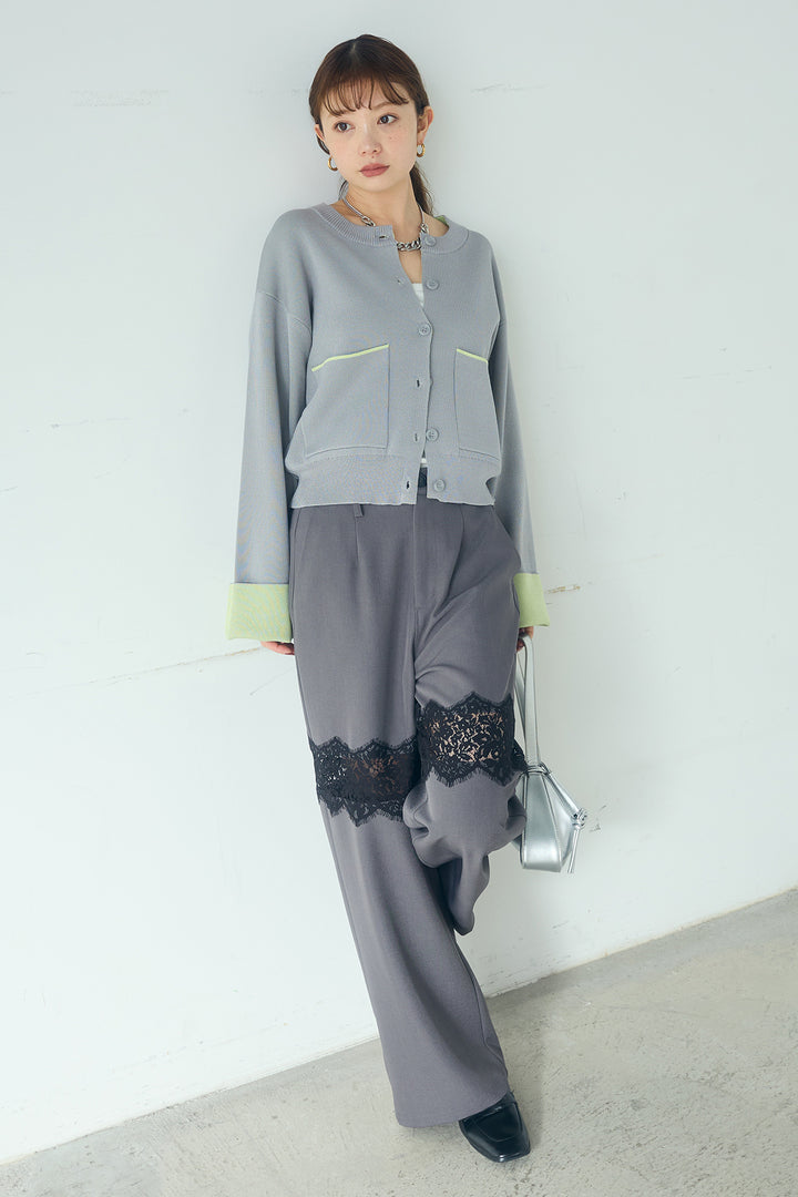 [SET]レーヨンポリダブルフェイスカーディガン+レース刺繍切替ワイドパンツ(2set)
