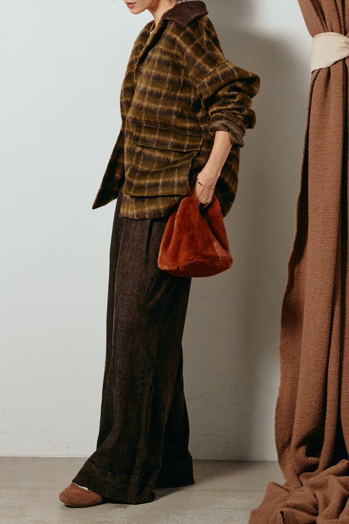 [SET]チェックシャギーミドルカバーオール+フェイクレザーベルト付きスウェードライクワイドパンツ(2set)