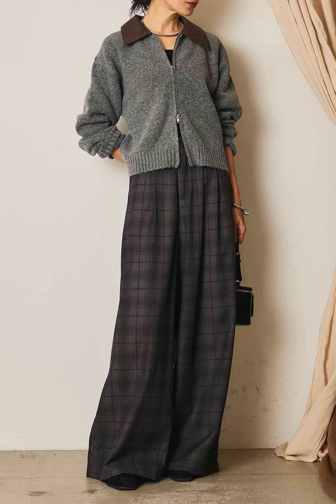 [SET]杢ストレッチフェイクレザー衿ニットブルゾン+タック入りタータンチェックワイドパンツ(2set)