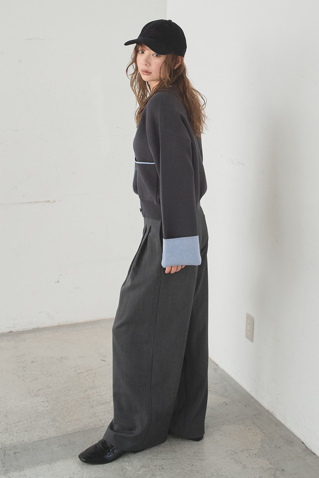 [SET]レーヨンポリダブルフェイスカーディガン+サイドベルトタック入りスラックス(2set)