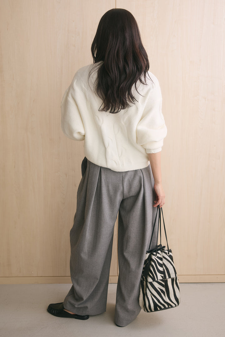 [SET]ケーブルカシュクールニットトップス+ビッグベルトループカーブスラックス(2set)