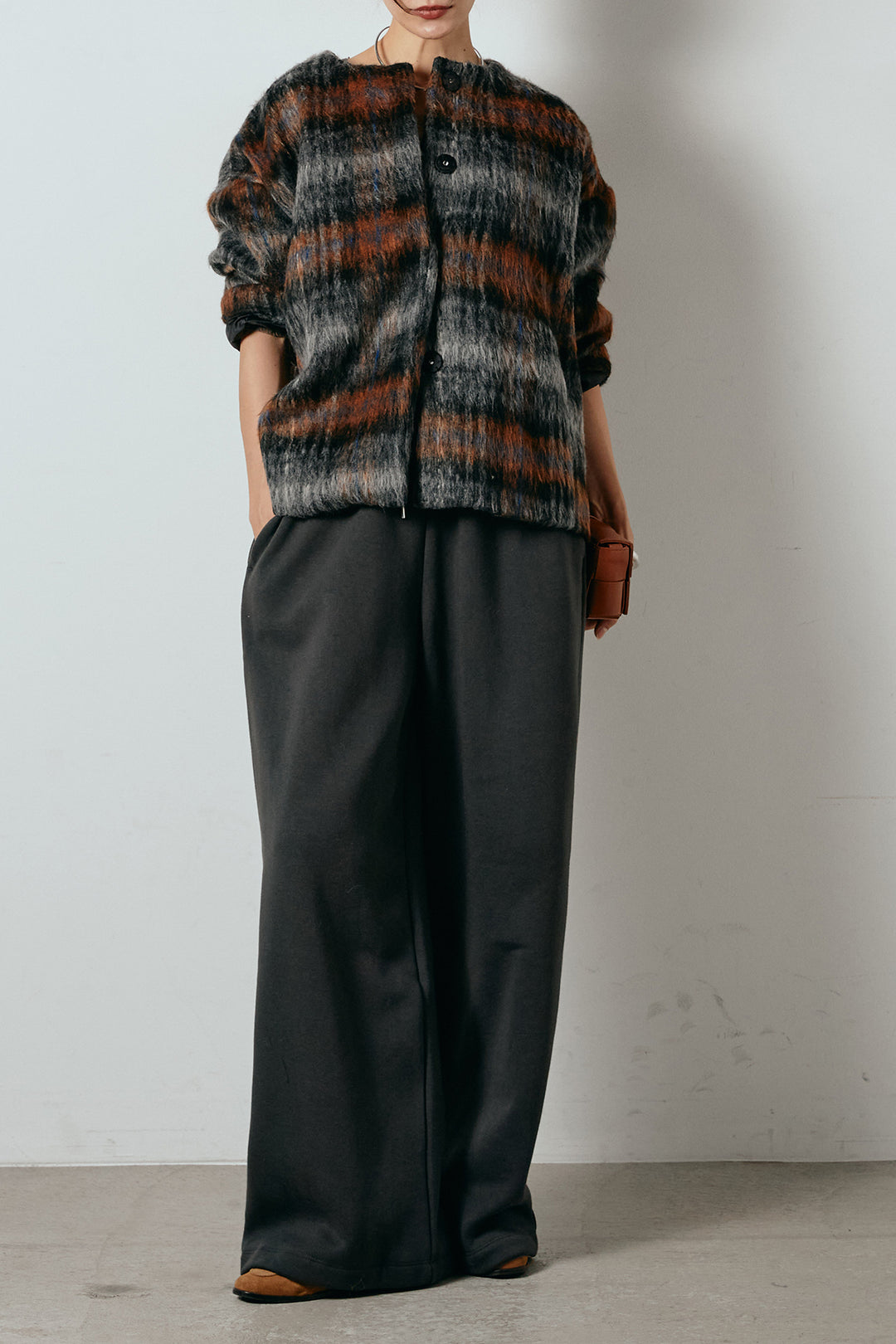 [SET]ノーカラーシャギーチェックアウター+裏起毛スウェットワイドパンツ(2set)