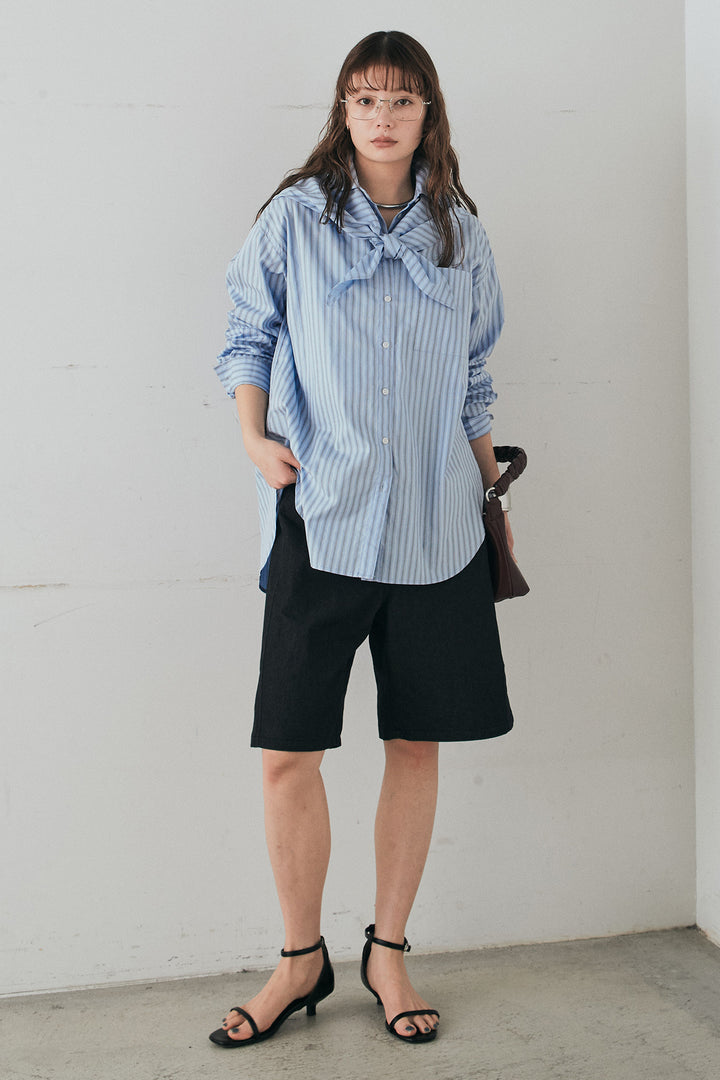 [SET]ランダムストライプスカーフ付きシャツ+デニムハーフパンツ(2set)