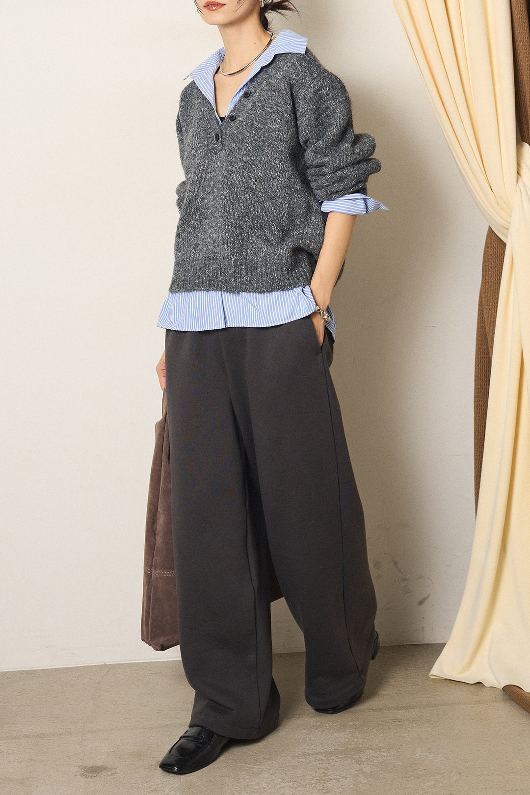 [SET]ストライプシャツドッキングニットポロトップス+裏起毛スウェットワイドパンツ(2set)