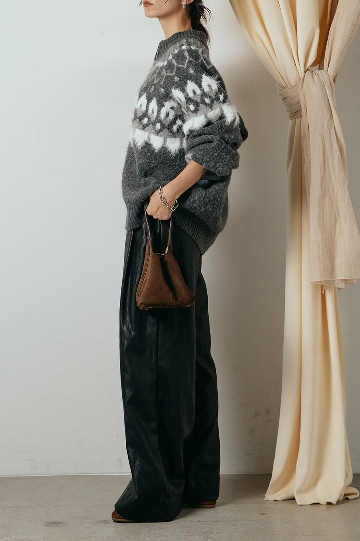 [SET]起毛ダブルジップパターンニットカーディガン+ベルト付きレザーライクタックパンツ(2set)