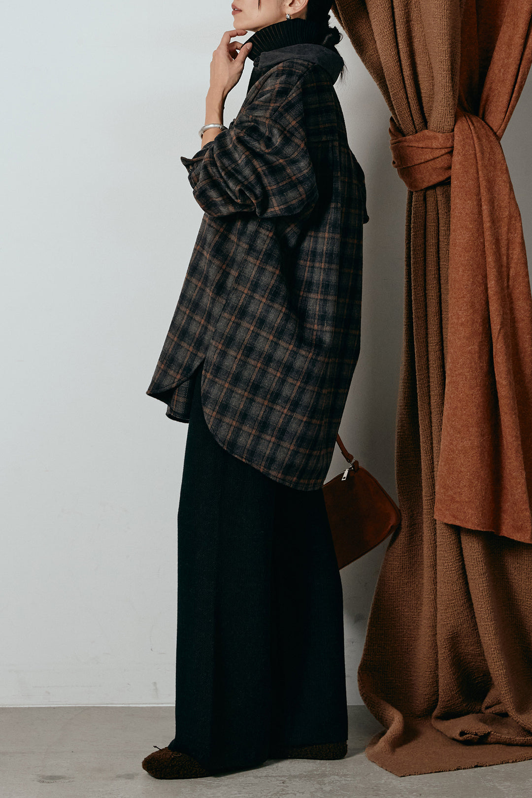 [SET]シャギーチェックシャツジャケット+ワイドリブニットイージーパンツ+リブニットシームレスタートルプルオーバー(3set)