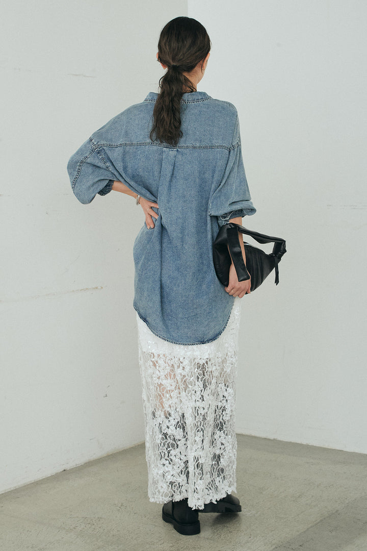 [SET]テンセルデニムシャツ+ラメ刺繍デザインスカート(2set)