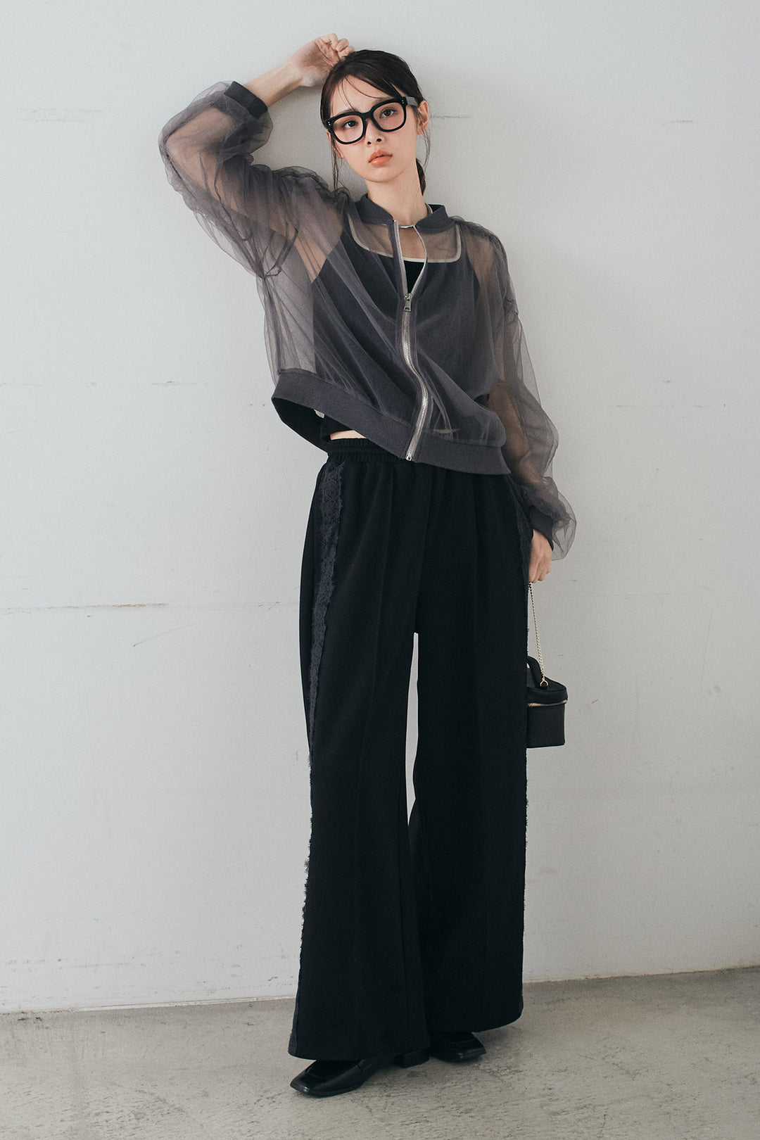 [SET]エアリーチュールスリーブシアーブルゾン+Wフェイスカットソーサイドレースラインパンツ(2set)