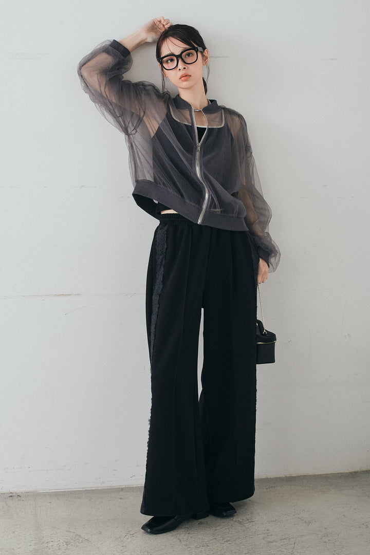 [SET]エアリーチュールスリーブシアーブルゾン+Wフェイスカットソーサイドレースラインパンツ(2set)