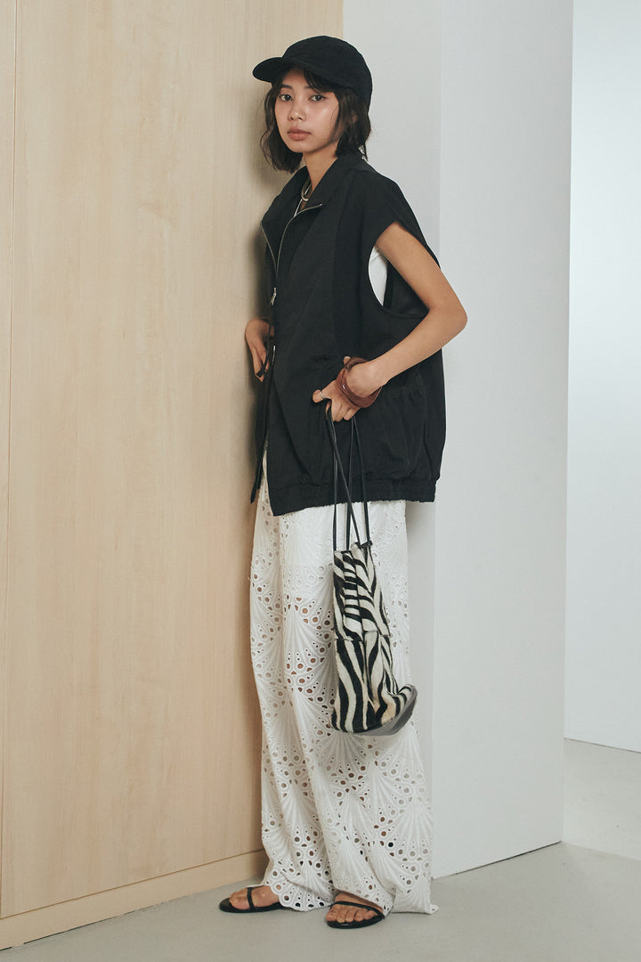 [SET]ショルダー切替スタンドネックジップベスト+レース刺繍リラックスパンツ(2set)