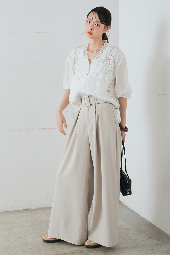 [SET]モチーフ付きシアーブルゾン+ベルト付きツータックワイドパンツ(2set)
