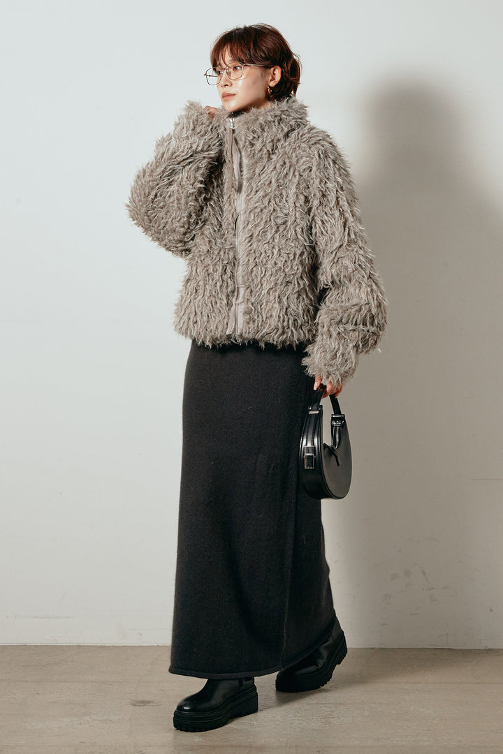 [SET]ミックスシープファースタンドブルゾン+ノースリーブニットロングワンピース(2set)