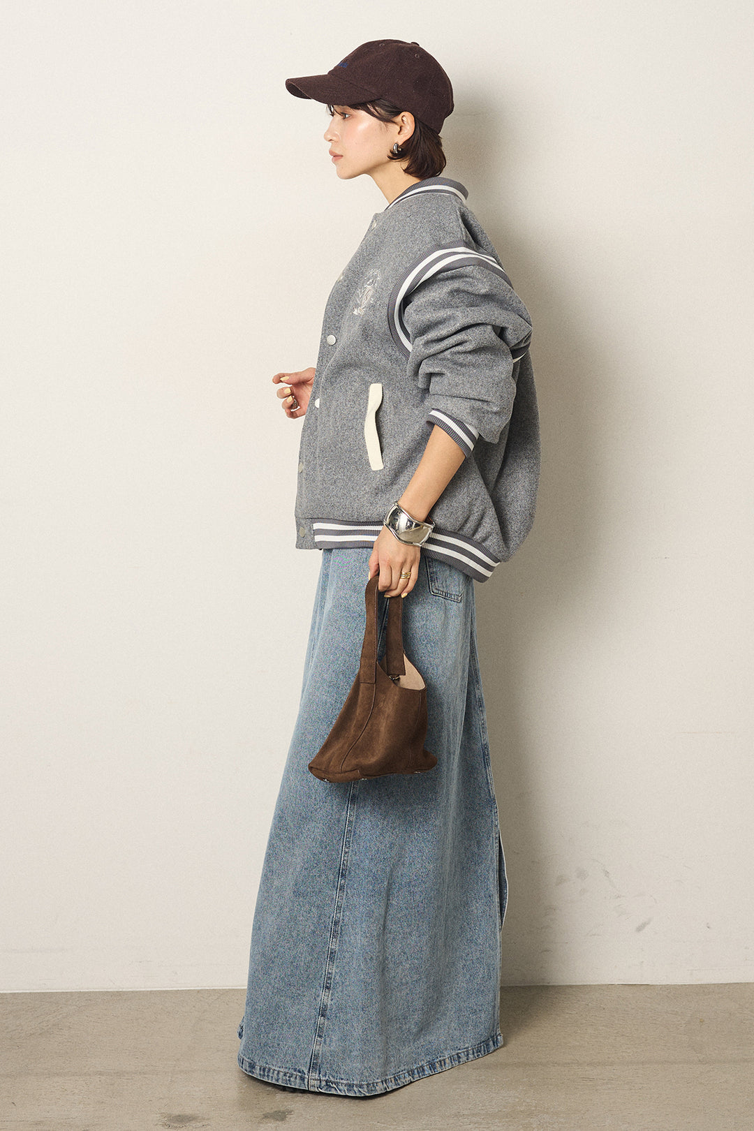 [SET]ワンポイントデザインブルゾン+デニムロングフレアスカート(2set)