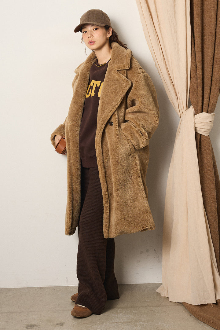 [SET]テディボアロングコート+ロゴデザインルーズスウェット+ワイドリブニットイージーパンツ(3set)