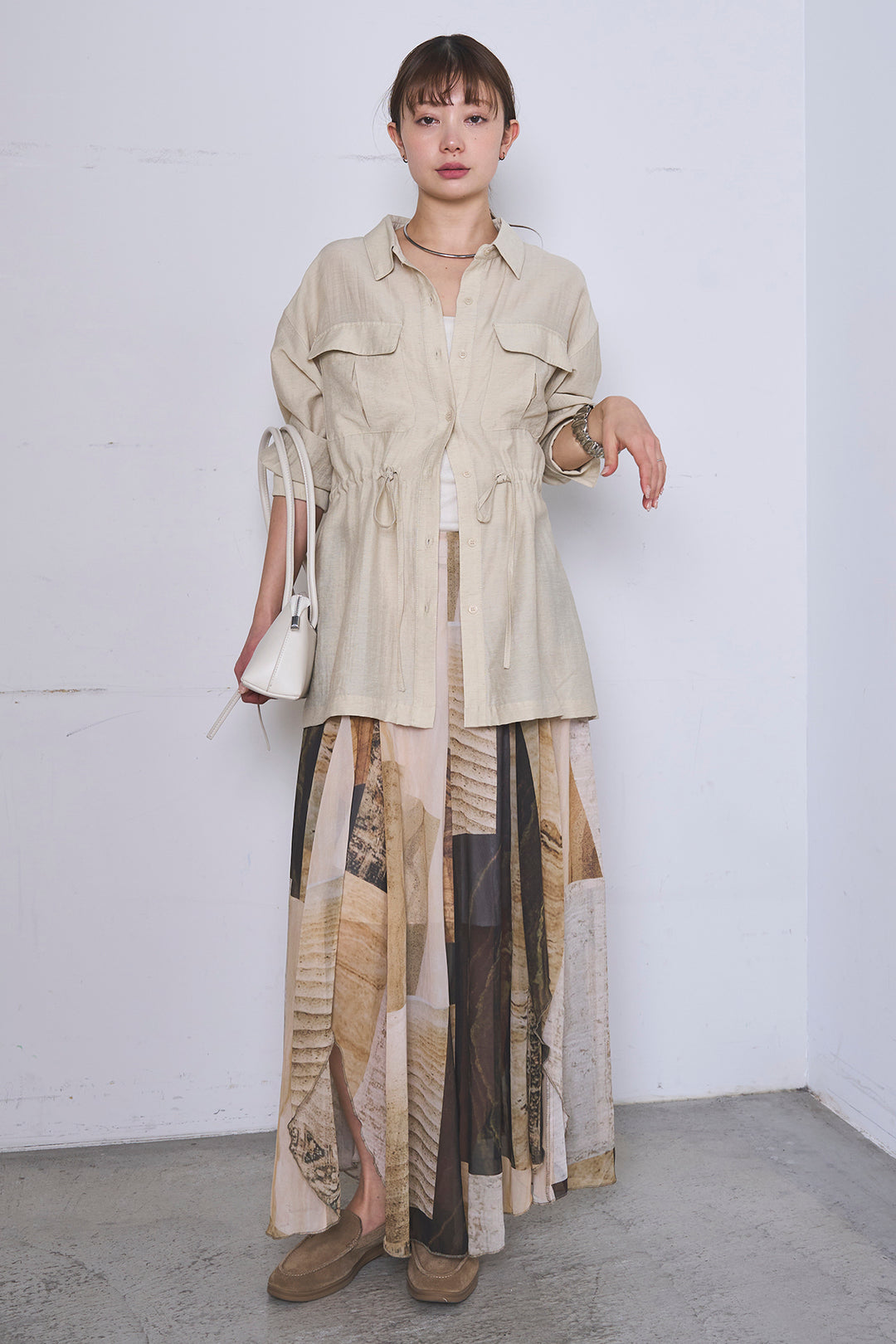 [SET]リネンブレンドシアーサファリシャツ+アートペイント柄スカート(2set)