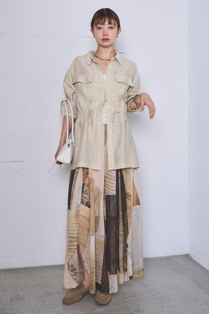 [SET]リネンブレンドシアーサファリシャツ+アートペイント柄スカート(2set)