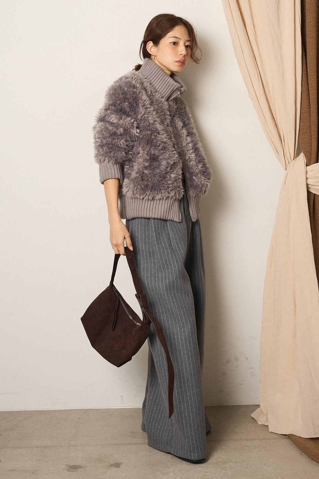 [SET]ハイネックボアブルゾン+ウールライクストライプパンツ(2set)