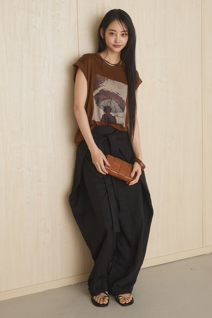 [SET]スクエアニュアンス柄Tシャツ+前結びタックワイドパンツ(2set)