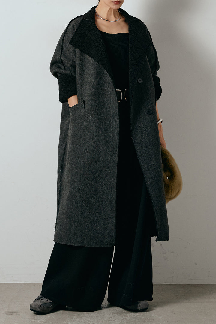 [SET]裏地ボアハイネックロングアウター+フェイクレザー太ベルト付きタックワイドパンツ(2set)