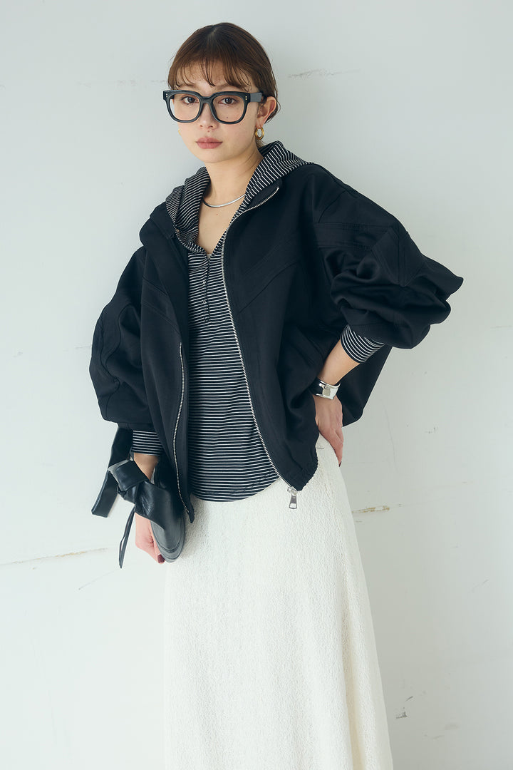 [SET]マルチ切り替えドルマンブルゾン+メッシュ刺繍ロングスカート+ボーダーフーディーロンT(3set)