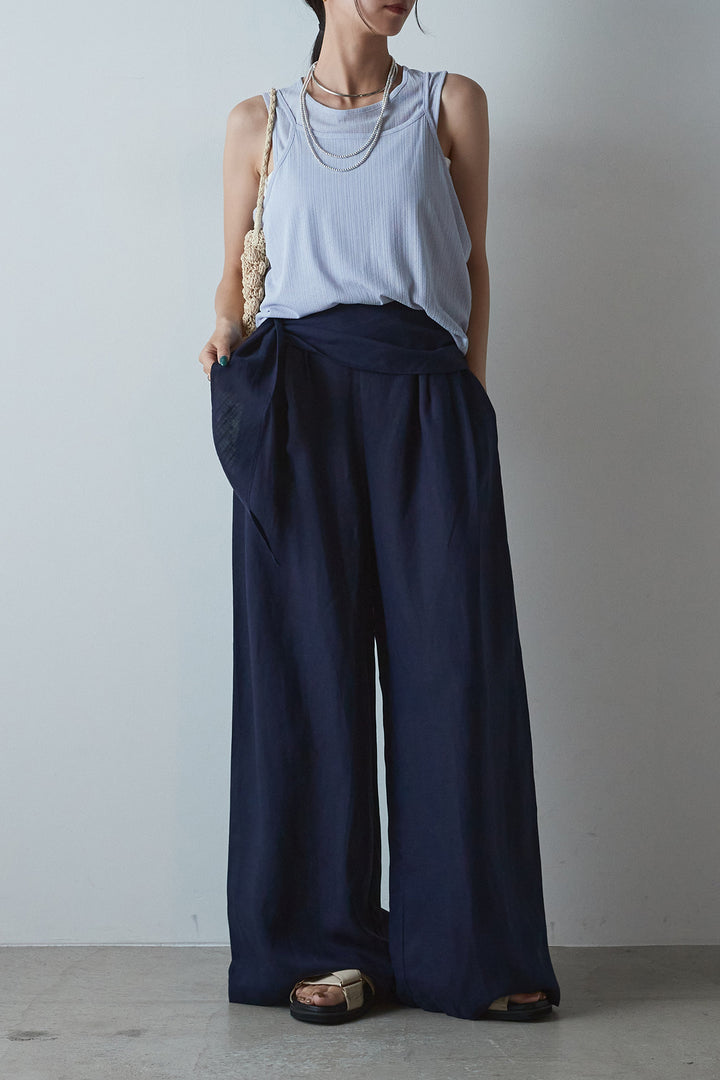 [SET]接触冷感シアーランダムリブデザインキャミタンク+リネン混巻きワイドパンツ(2set)