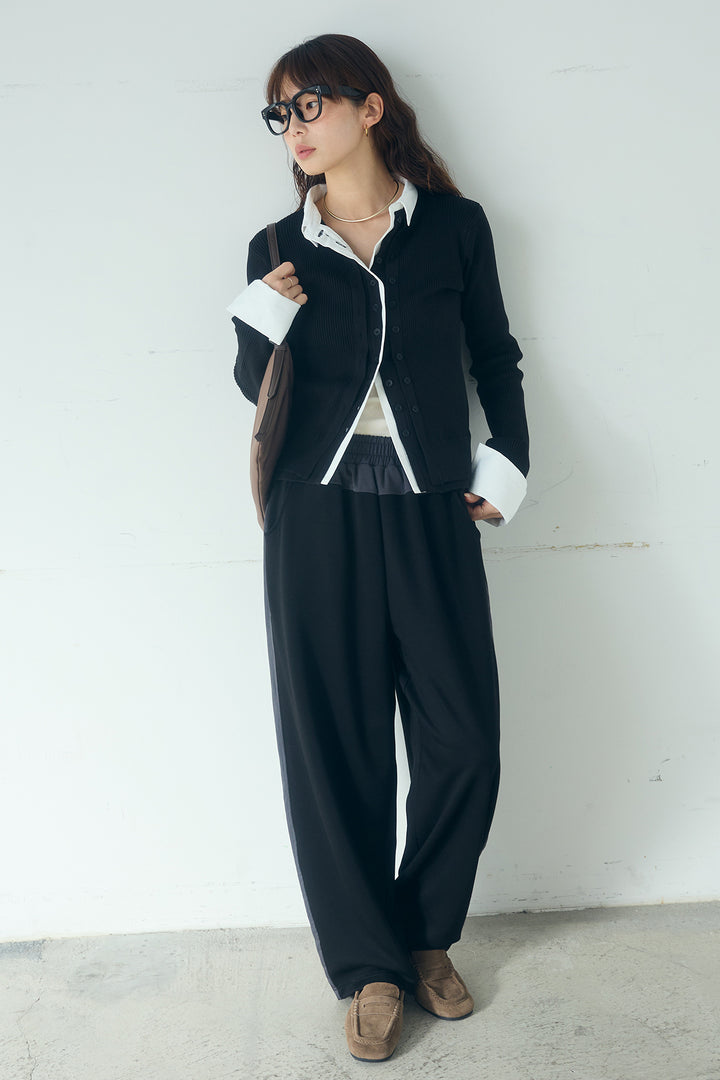 [SET]シャツドッキングボタンニットカーディガン+異素材切り替えスウェットパンツ(2set)