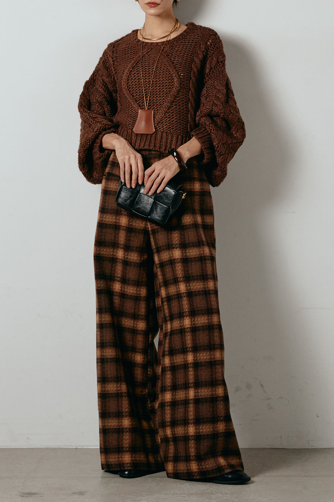 [SET]ロービングケーブルショート丈プルオーバー+ルーズタータンチェックワイドパンツ(2set)