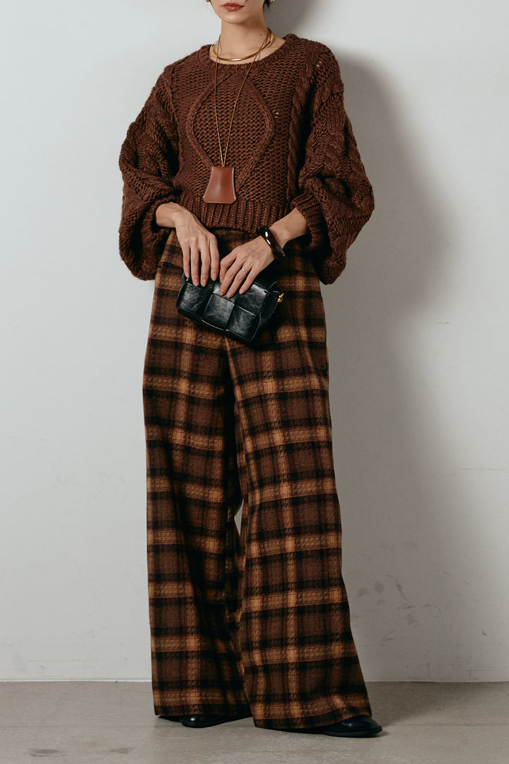 [SET]ロービングケーブルショート丈プルオーバー+ルーズタータンチェックワイドパンツ(2set)