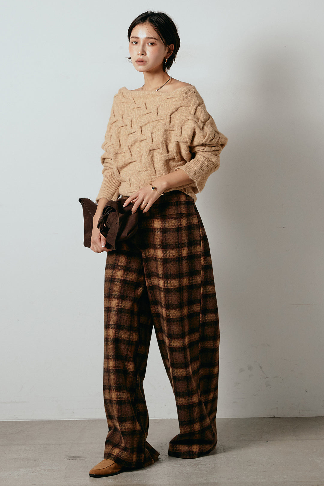 [SET]ボートネックニットトップス+ルーズタータンチェックワイドパンツ(2set)