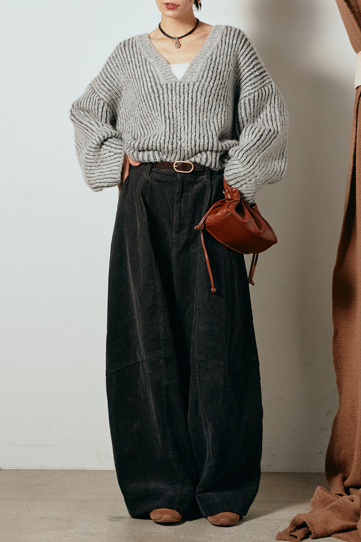 [SET]アルパカタッチ深Vニットトップス+タック入りコーデュロイワイドパンツ(2set)