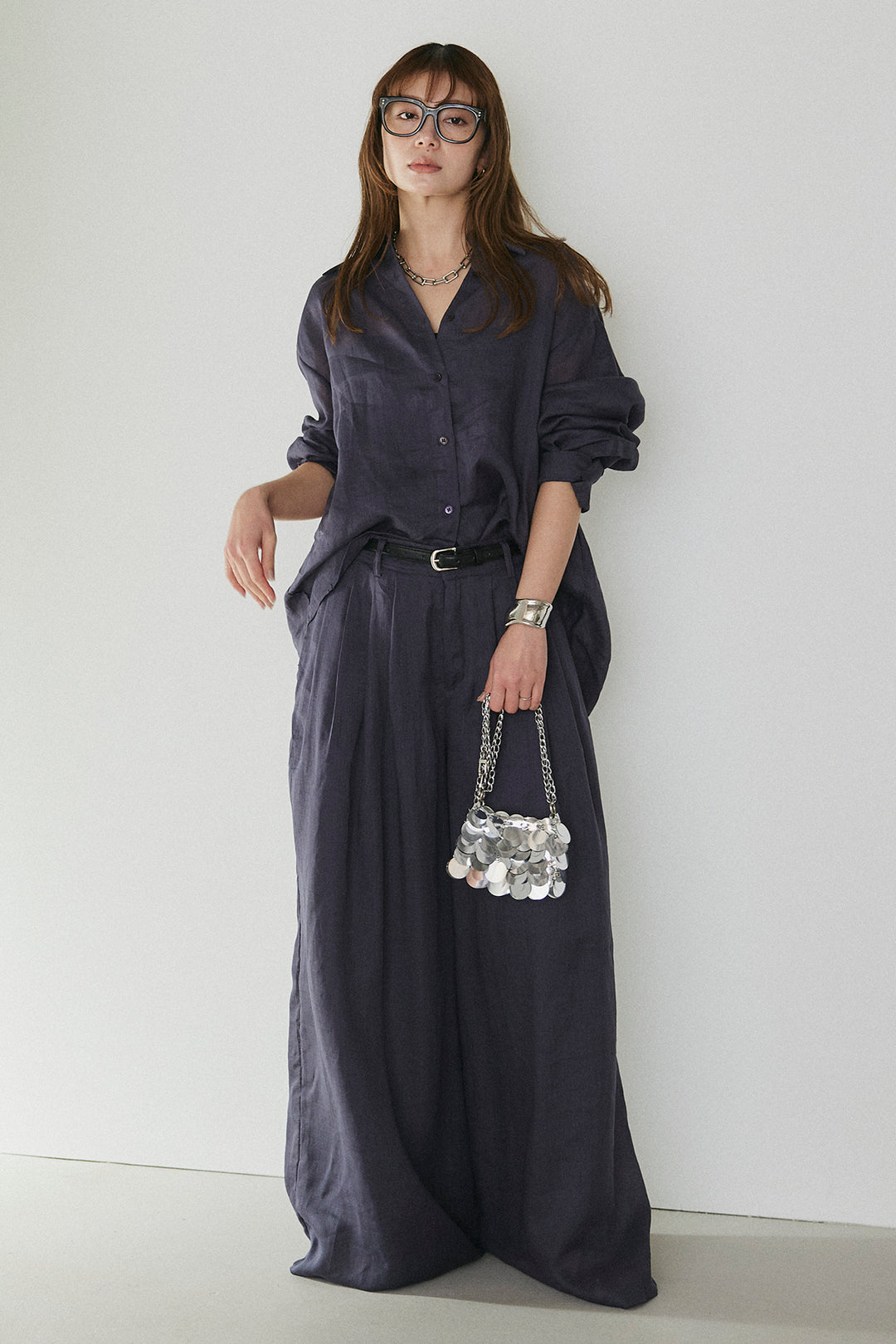 [SET]リラックスシアーシャツ+細ベルト付きシアーワイドパンツ(2set)