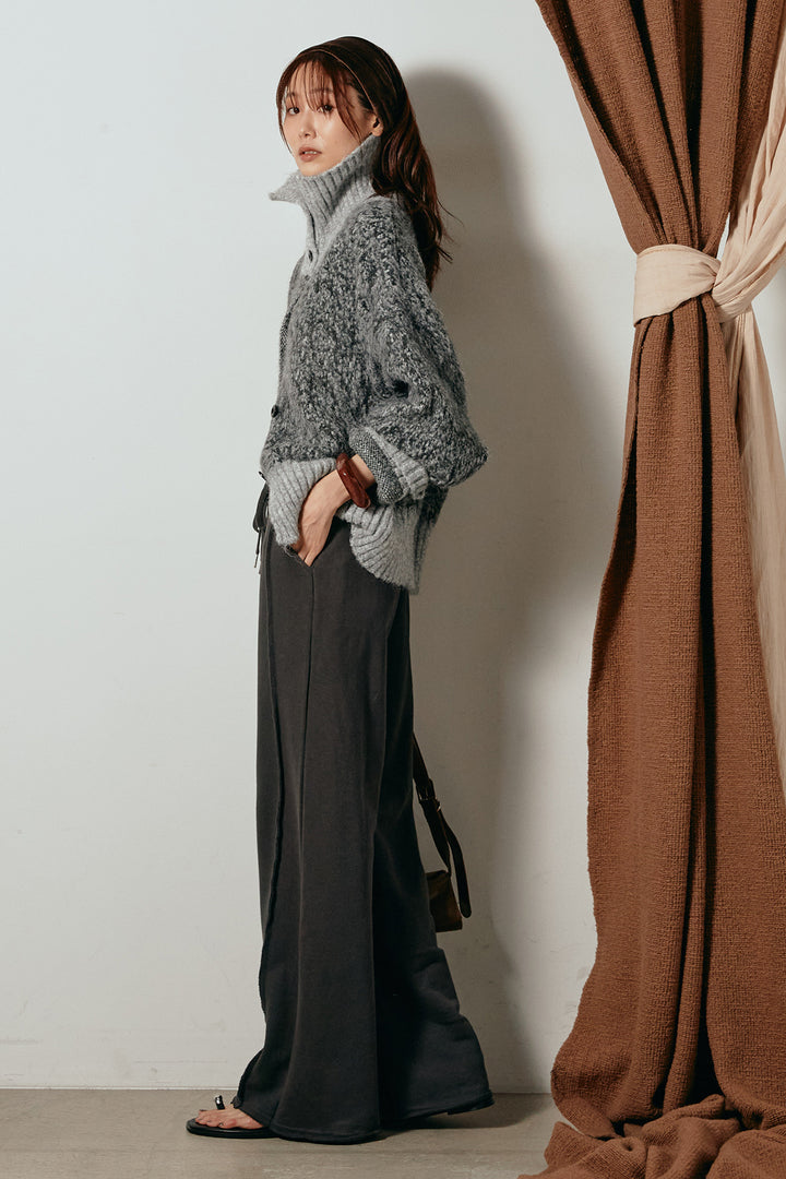 [SET]ハイネックミックスニットトップス+フロントラインデザインワイドスウェットパンツ(2set)