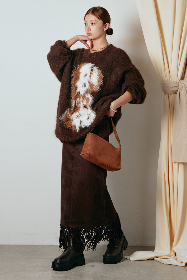 [SET]シャギーニュアンスアニマルニット+スウェードライク裾フリンジスカート(2set)