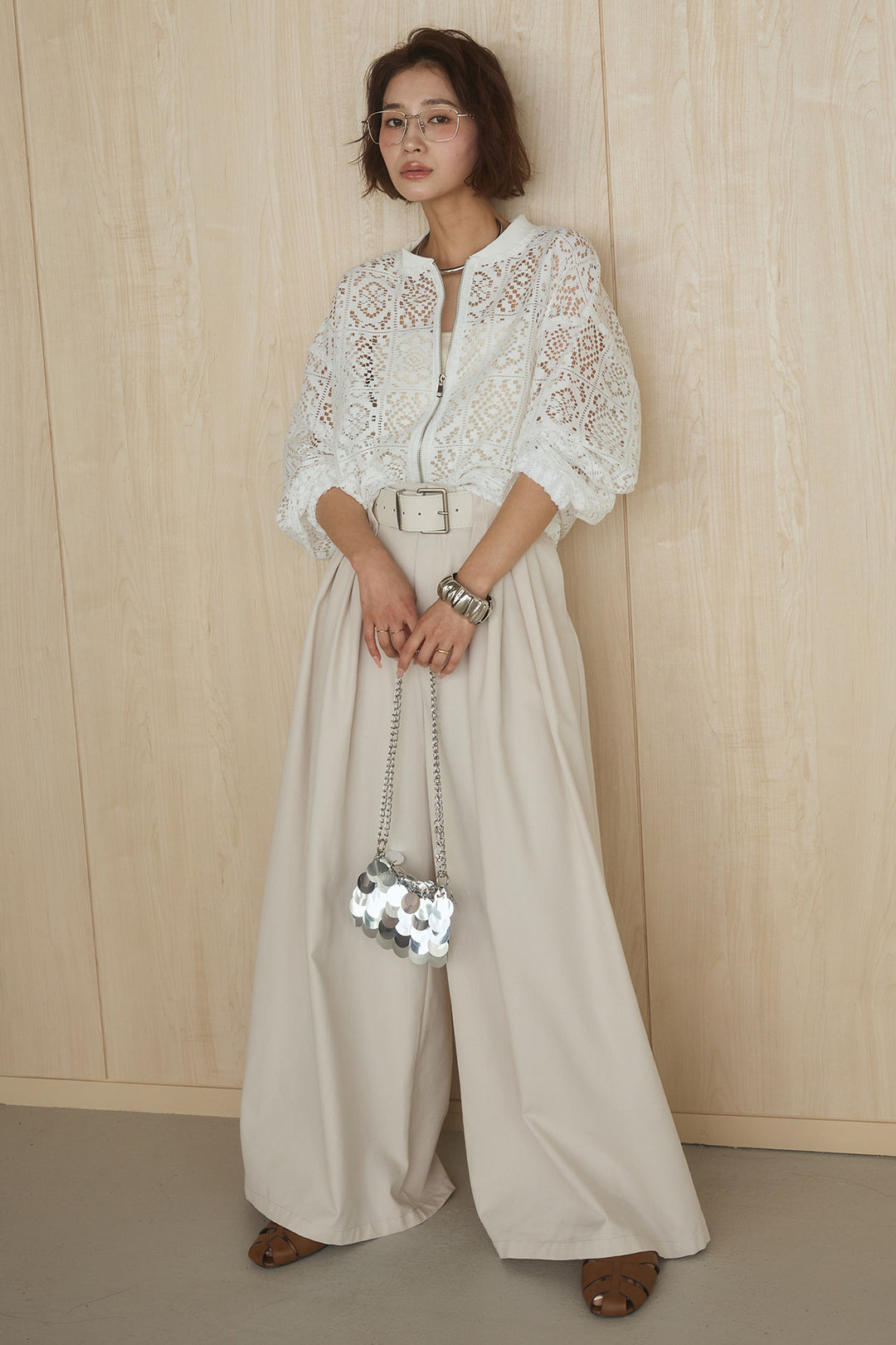 [SET]幾何レースブルゾン+ベルト付きビックループワイドパンツ(2set)