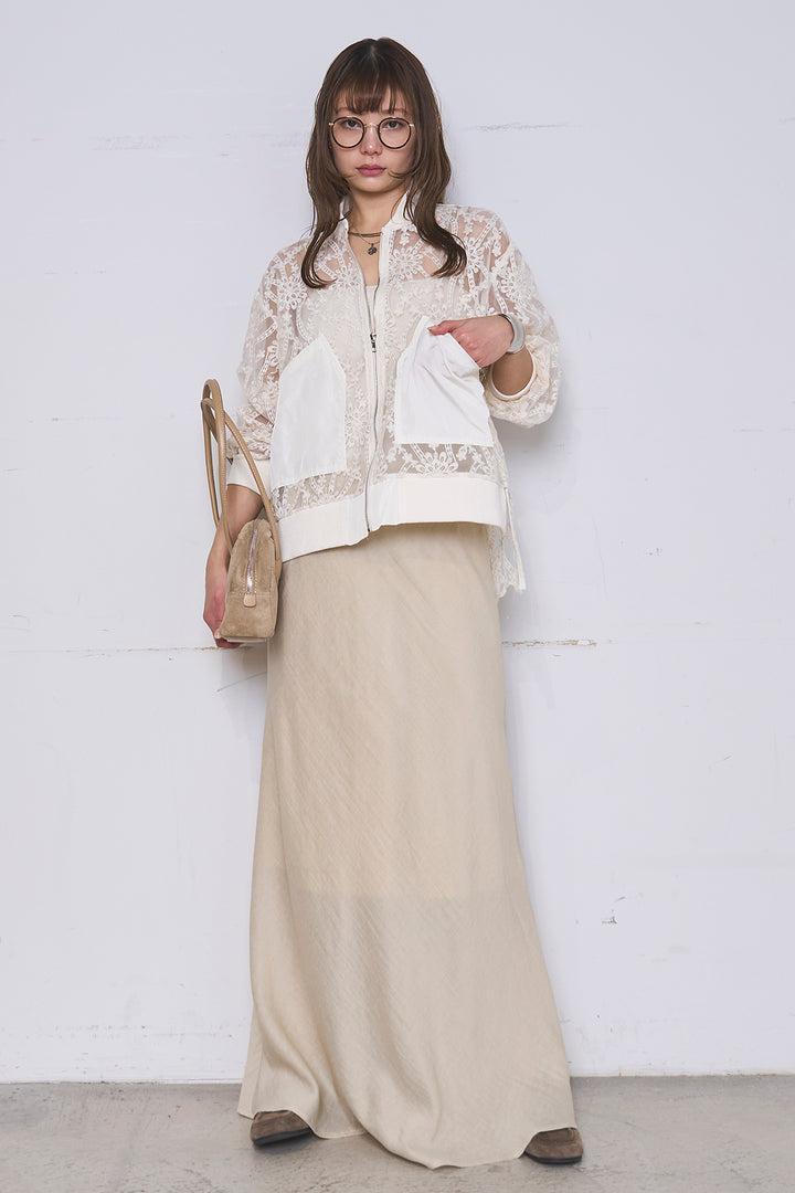 [SET]ノーカラーレースブルゾン+リネンブレンドロングナロースカート(2set)