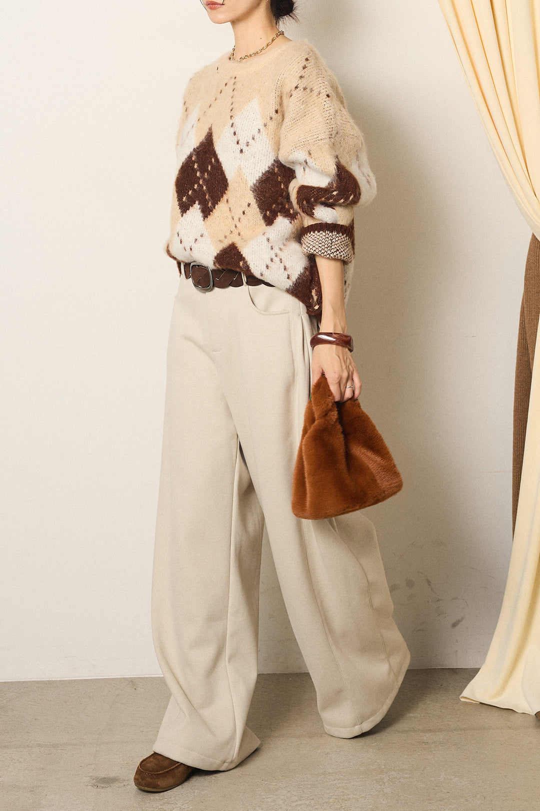 [SET]配色アーガイル柄ニットトップス+編みベルト付きワイドパンツ(2set)